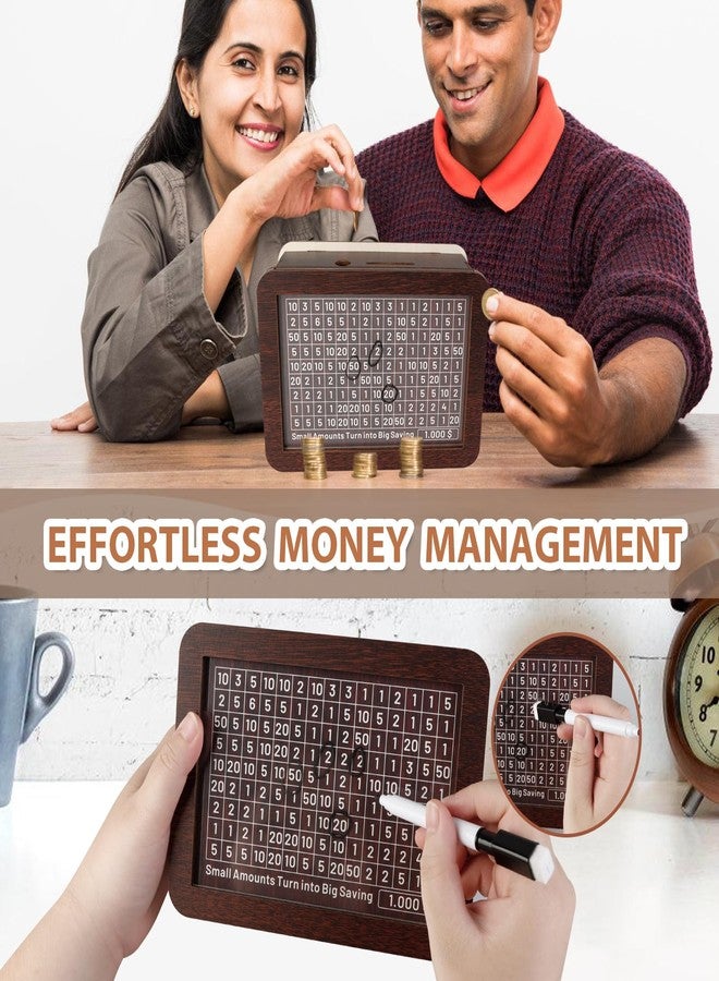ZRW Cash Vault Wooden Savings Box,Wooden Money Saving Box,Wooden Money Box with 8 Saving Targets,Reusable Money Box with Counter, Cash Vault Bank with Dry Erase Pen/Rubber Band(Brown) - Image 2